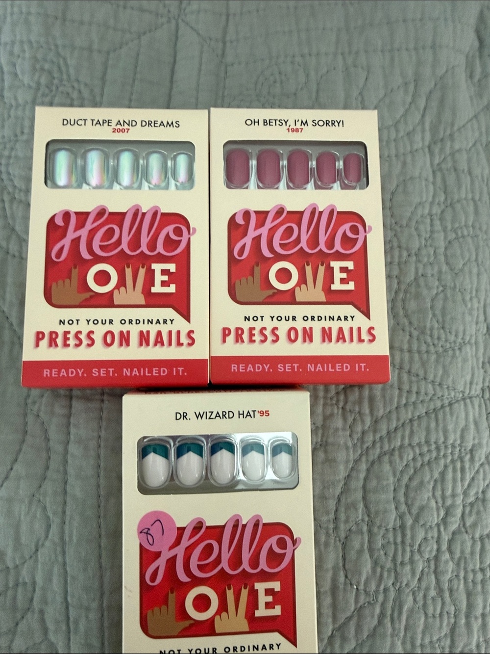 Hello Love Press-On Nails Trio - Iridescent, Mauve, White with Teal Tip